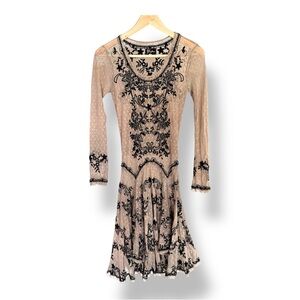 Johnny Was Biya Sheer Polkadot Lace Drop Waist Beige Dress Floral Embroidered